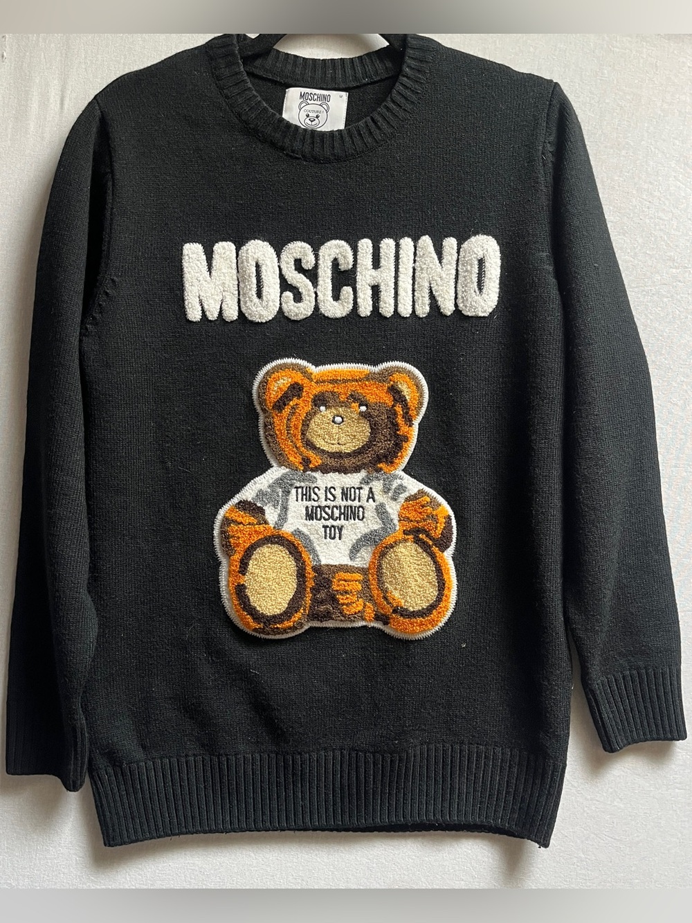 Moschino Couture Wool Silk Blend Black Chenille Teddy Bear Logo Knit Sweater M